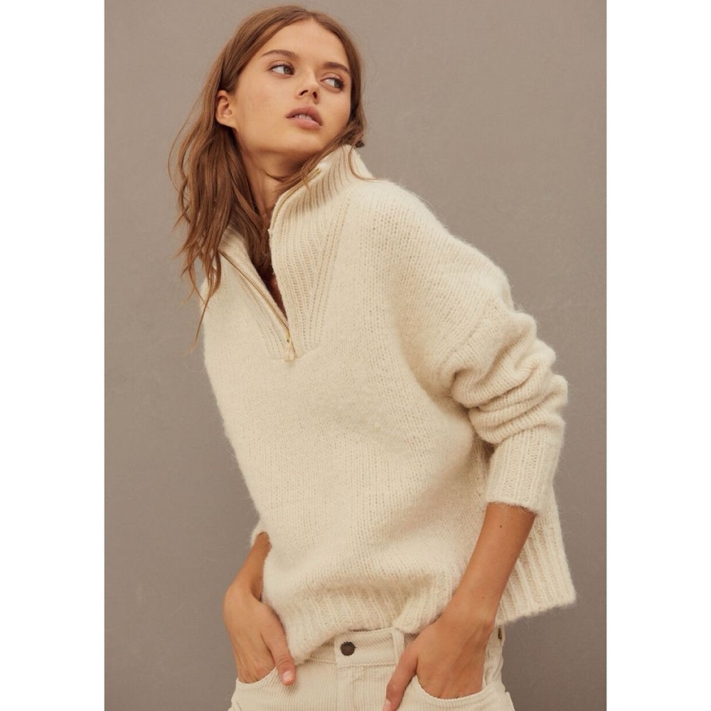Ba&sh Calla Sweater (Sz 2 / M) High Neck Half-Zip Wool Alpaca Cotton Pull Ecru